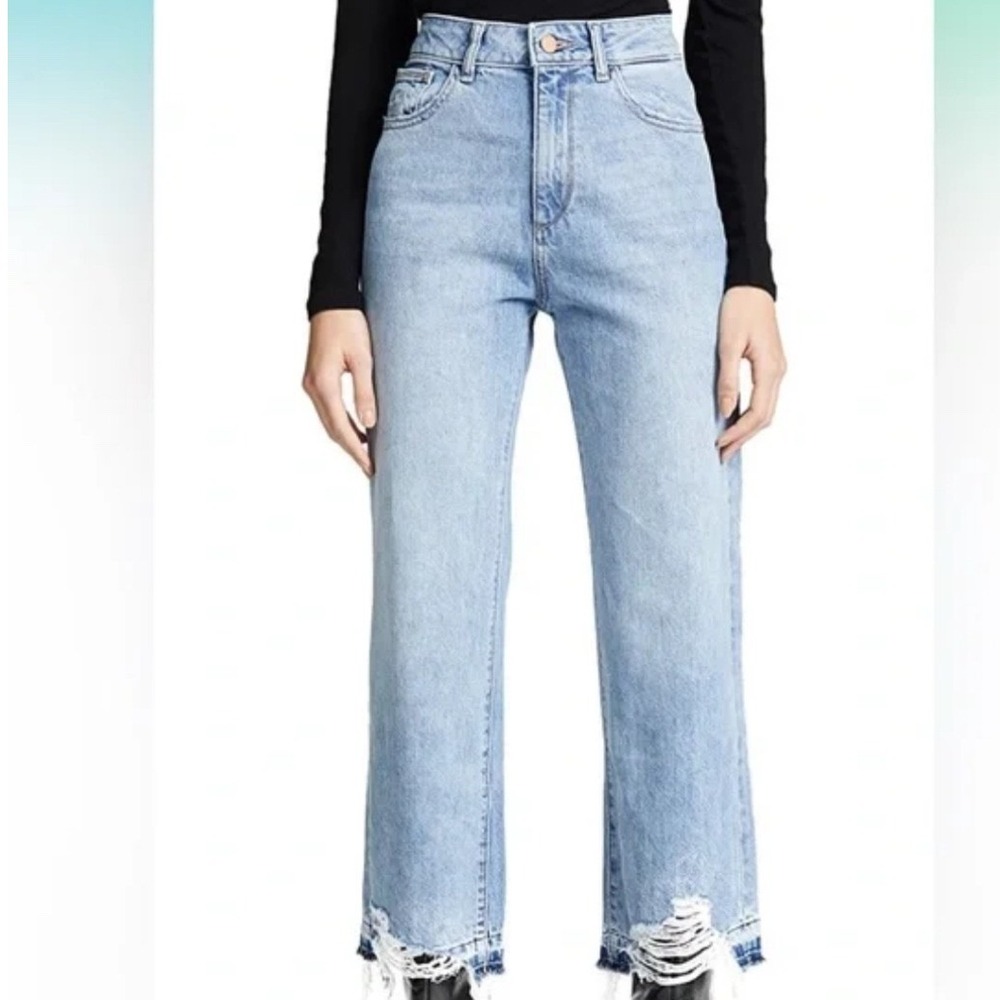 DL1961‎ Hepburn High Rise Wide Leg Jeans Slate Blue Distressed Raw Hem Size 25
